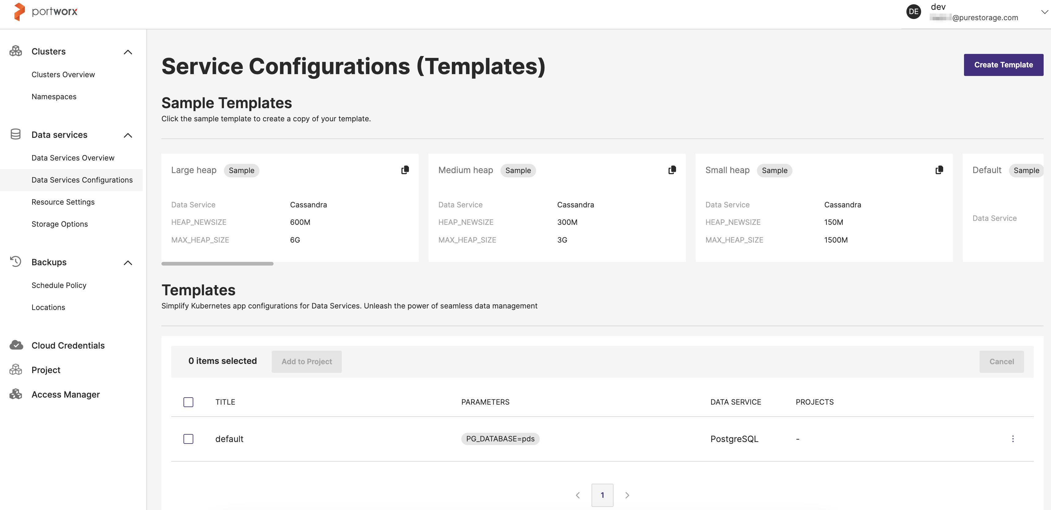 Data services configuration templates