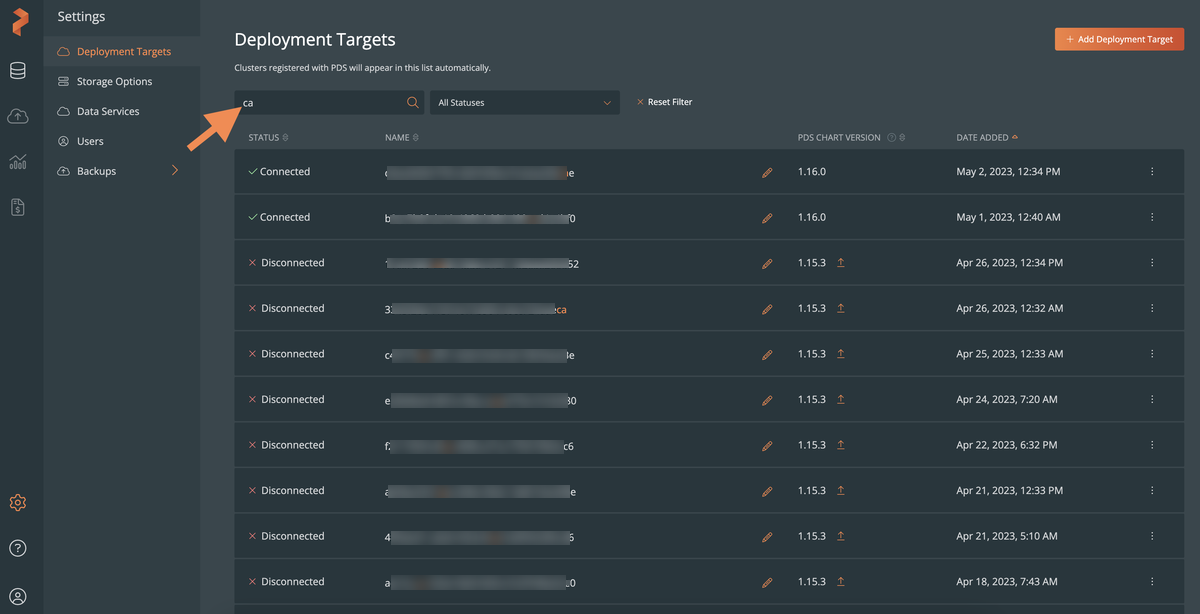 Filter options in the deployment targets page