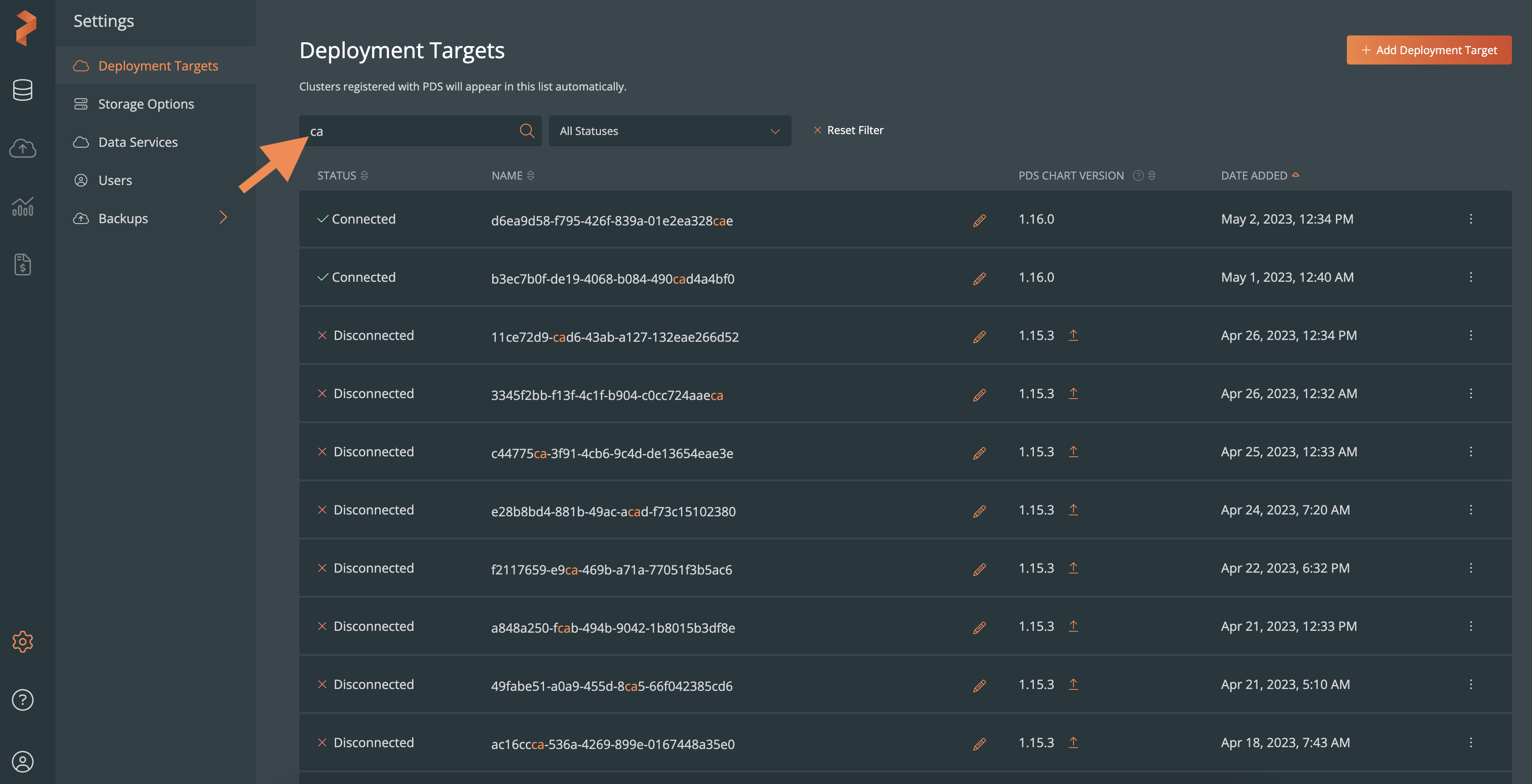 Filter options in the deployment targets page