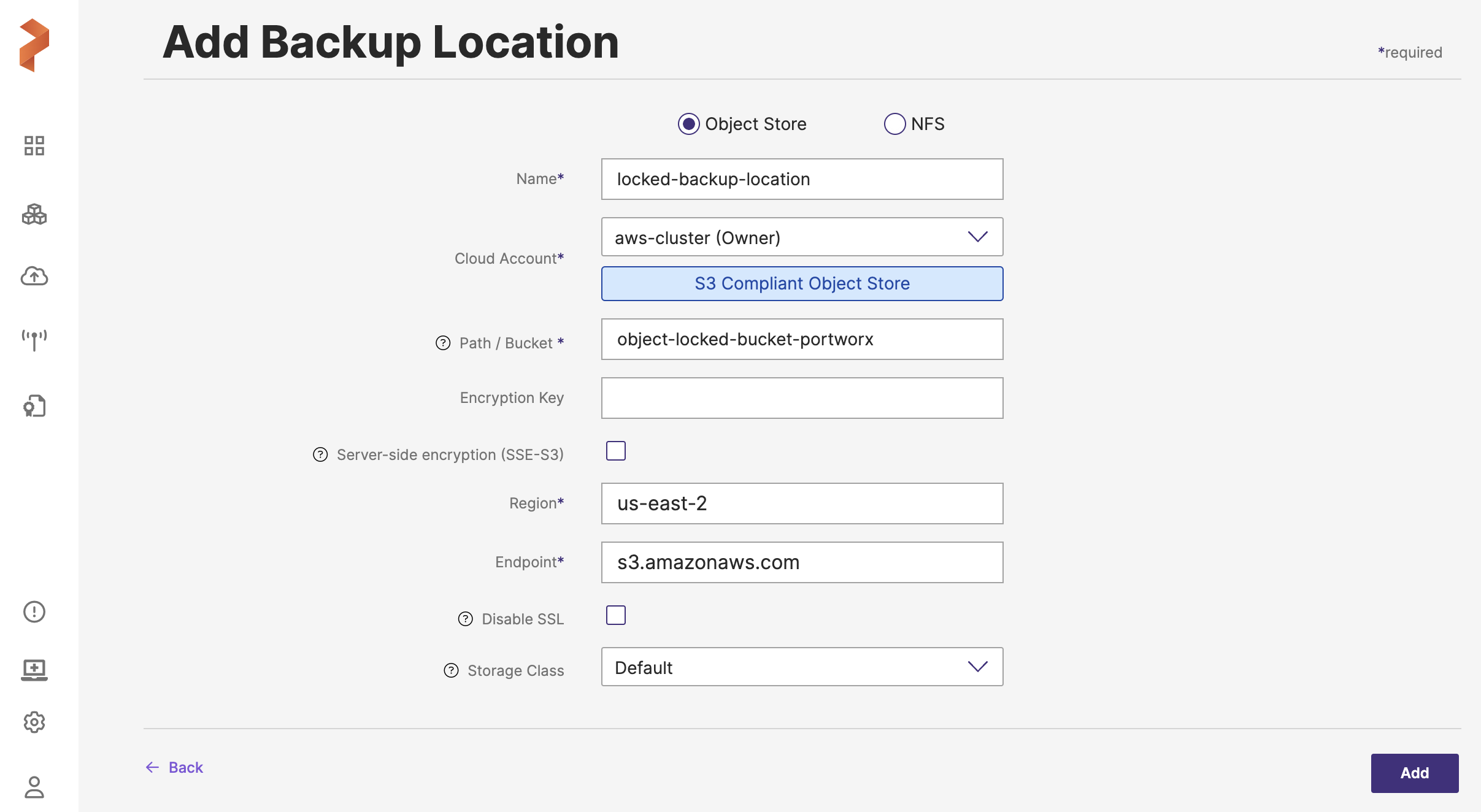 add object lock enabled backup location