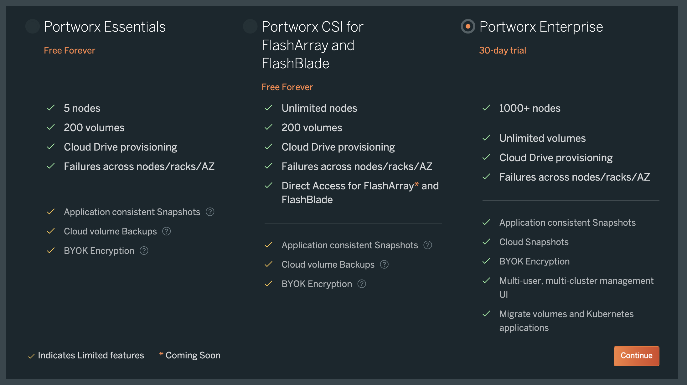 Screenshot showing Portworx license selector