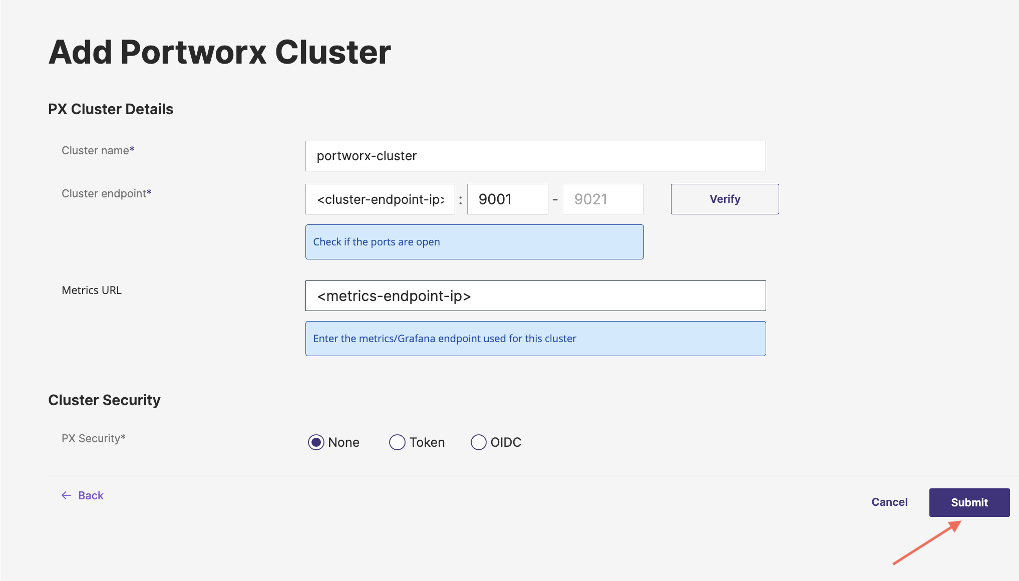 Enter cluster details