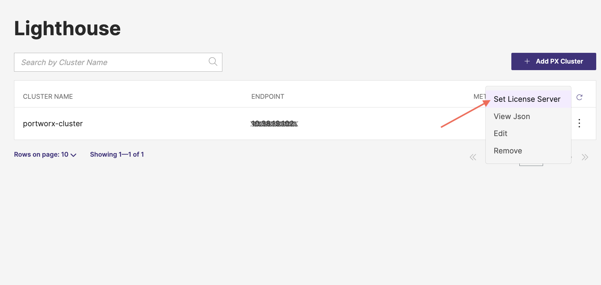 Cluster menu set license server option